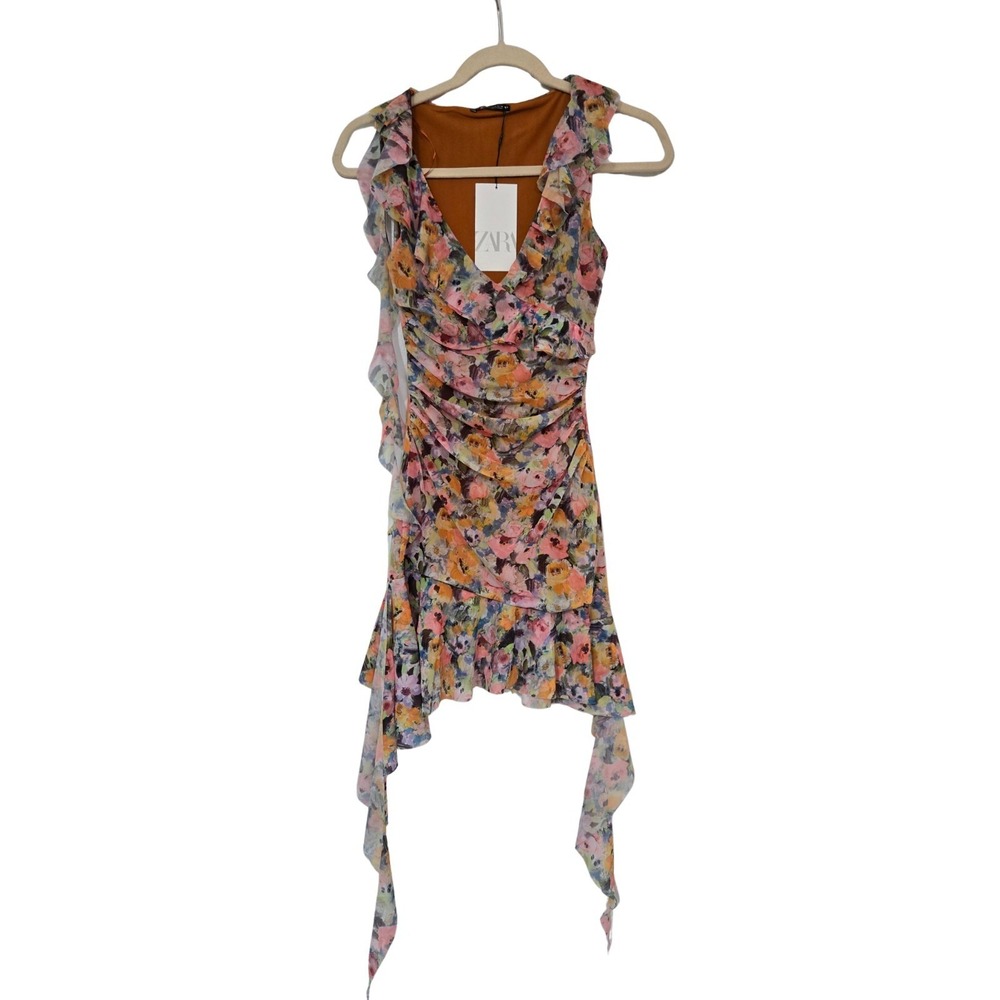 Zara Multicolor Floral V-neck Mesh Ruffle Sleeveless Dress Size S NWT - Picture 2 of 9